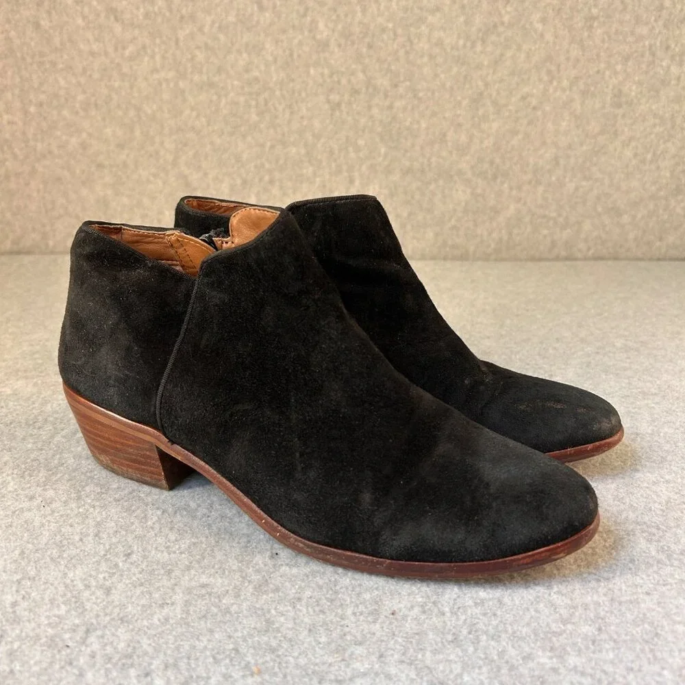 Sam Edelman Size 8 Petty Black Ankle Booties Boots Suede Leather Side Zip Wooden